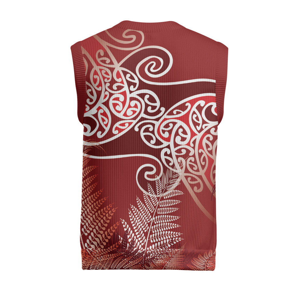 Aotearoa Maori Koru Curves Christmas Knitted V-Neck Vest Silver Ferns - Crimson Red