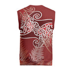 Aotearoa Maori Koru Curves Christmas Knitted V-Neck Vest Silver Ferns - Crimson Red