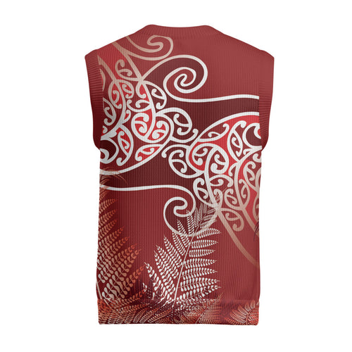 Aotearoa Maori Koru Curves Christmas Knitted V-Neck Vest Silver Ferns - Crimson Red
