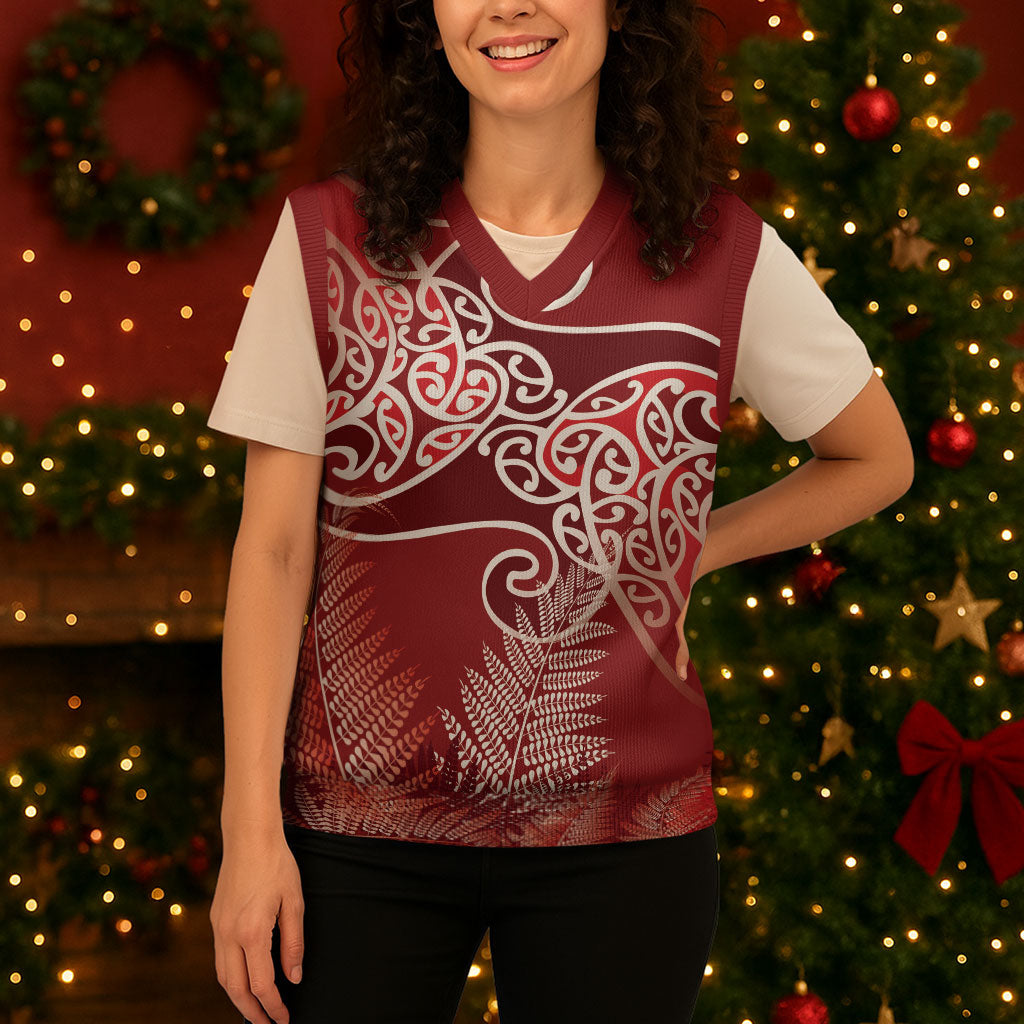 Aotearoa Maori Koru Curves Christmas Knitted V-Neck Vest Silver Ferns - Crimson Red