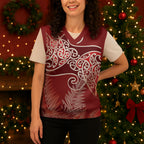 Aotearoa Maori Koru Curves Christmas Knitted V-Neck Vest Silver Ferns - Crimson Red