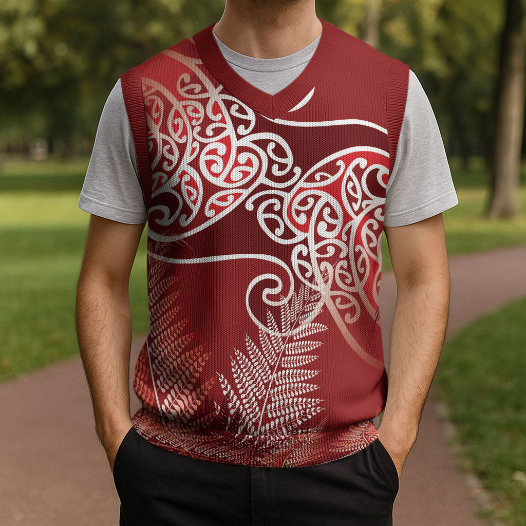 Aotearoa Maori Koru Curves Christmas Knitted V-Neck Vest Silver Ferns - Crimson Red