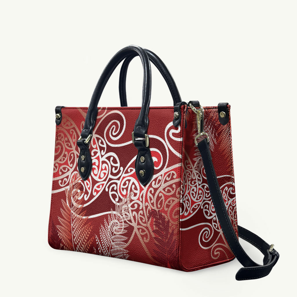 Aotearoa Maori Koru Curves Leather Bag Silver Ferns - Crimson Red