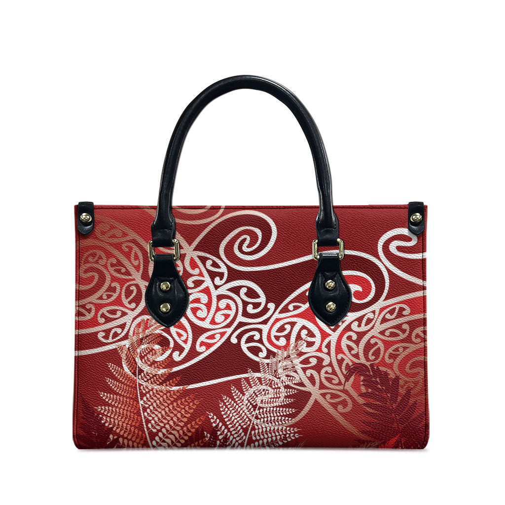 Aotearoa Maori Koru Curves Leather Bag Silver Ferns - Crimson Red