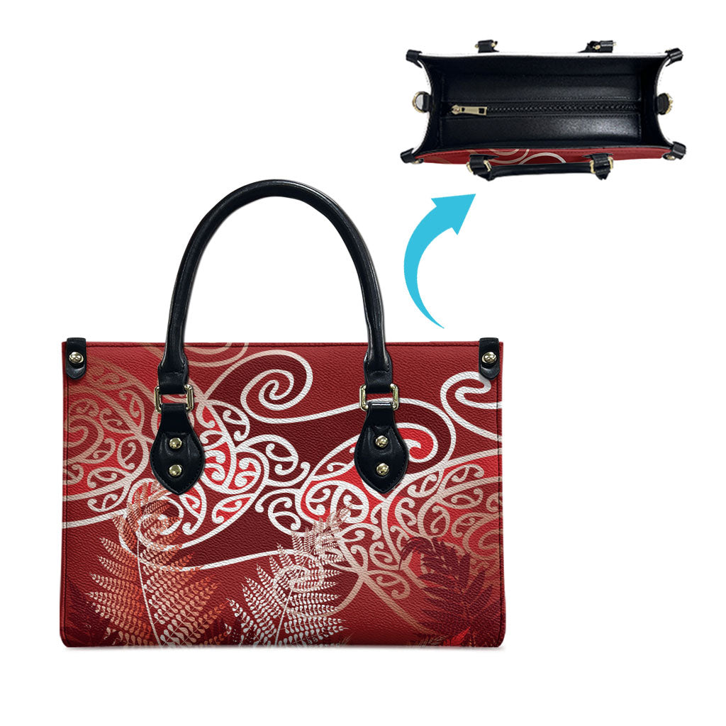 Aotearoa Maori Koru Curves Leather Bag Silver Ferns - Crimson Red