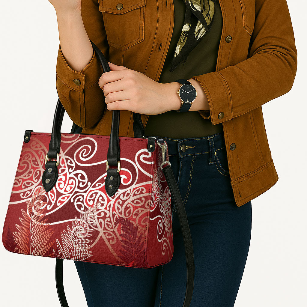 Aotearoa Maori Koru Curves Leather Bag Silver Ferns - Crimson Red