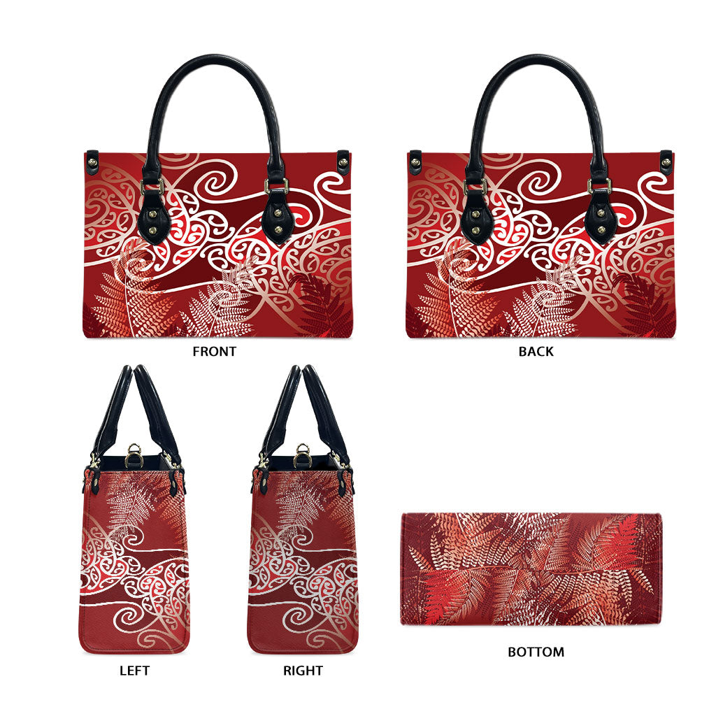 Aotearoa Maori Koru Curves Leather Bag Silver Ferns - Crimson Red