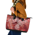 Aotearoa Maori Koru Curves Leather Tote Bag Silver Ferns - Crimson Red