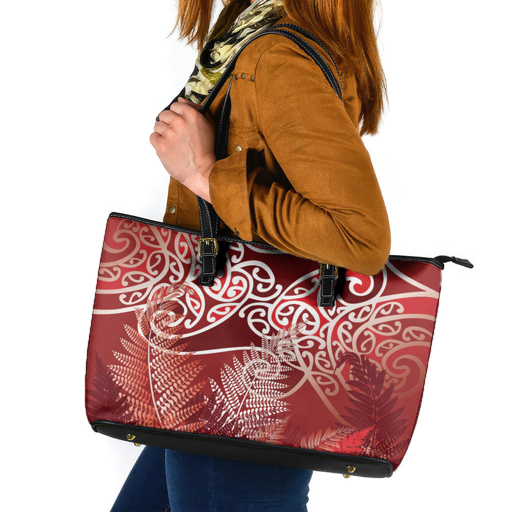 Aotearoa Maori Koru Curves Leather Tote Bag Silver Ferns - Crimson Red