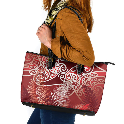 Aotearoa Maori Koru Curves Leather Tote Bag Silver Ferns - Crimson Red