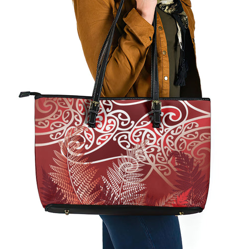 Aotearoa Maori Koru Curves Leather Tote Bag Silver Ferns - Crimson Red