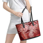 Aotearoa Maori Koru Curves Leather Tote Bag Silver Ferns - Crimson Red