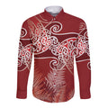 Aotearoa Maori Koru Curves Long Sleeve Button Shirt Silver Ferns - Crimson Red