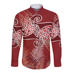 Aotearoa Maori Koru Curves Long Sleeve Button Shirt Silver Ferns - Crimson Red
