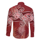 Aotearoa Maori Koru Curves Long Sleeve Button Shirt Silver Ferns - Crimson Red