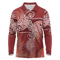 Aotearoa Maori Koru Curves Long Sleeve Polo Shirt Silver Ferns - Crimson Red