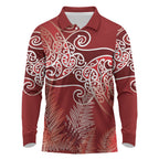 Aotearoa Maori Koru Curves Long Sleeve Polo Shirt Silver Ferns - Crimson Red