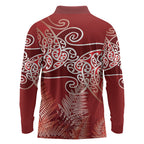 Aotearoa Maori Koru Curves Long Sleeve Polo Shirt Silver Ferns - Crimson Red