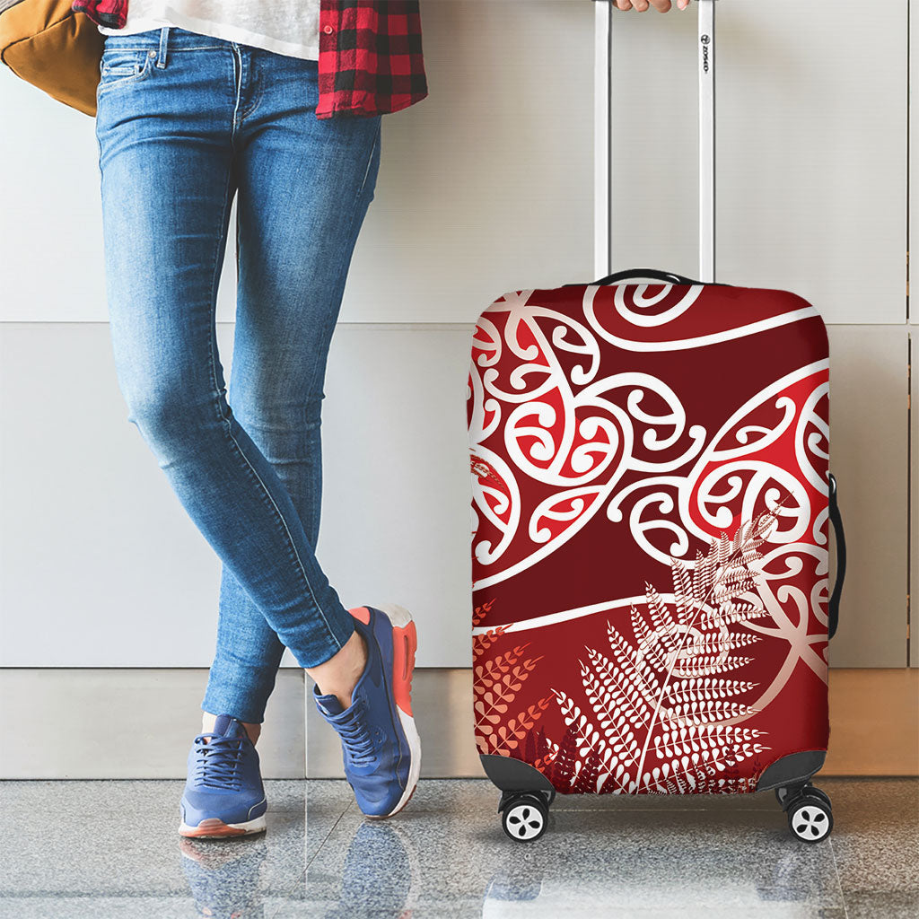 Aotearoa Maori Koru Curves Luggage Cover Silver Ferns - Crimson Red