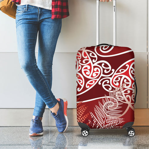 Aotearoa Maori Koru Curves Luggage Cover Silver Ferns - Crimson Red