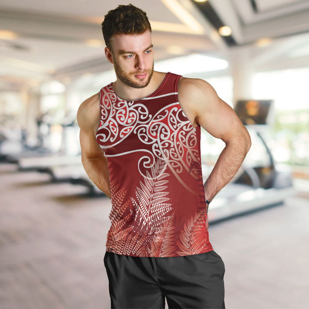 Aotearoa Maori Koru Curves Men Tank Top Silver Ferns - Crimson Red