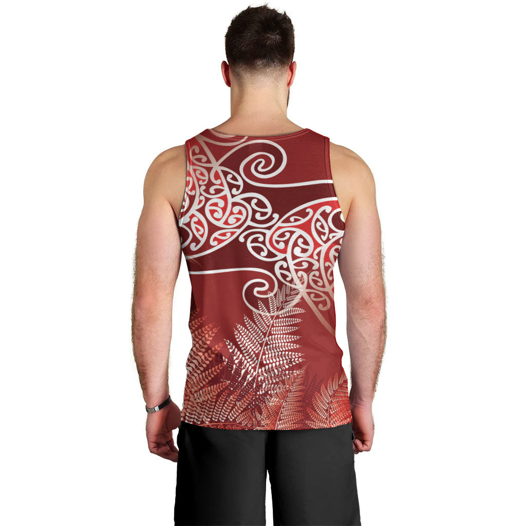 Aotearoa Maori Koru Curves Men Tank Top Silver Ferns - Crimson Red