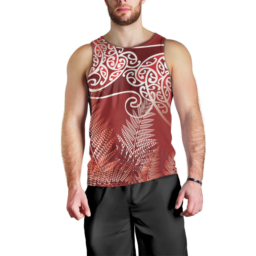 Aotearoa Maori Koru Curves Men Tank Top Silver Ferns - Crimson Red