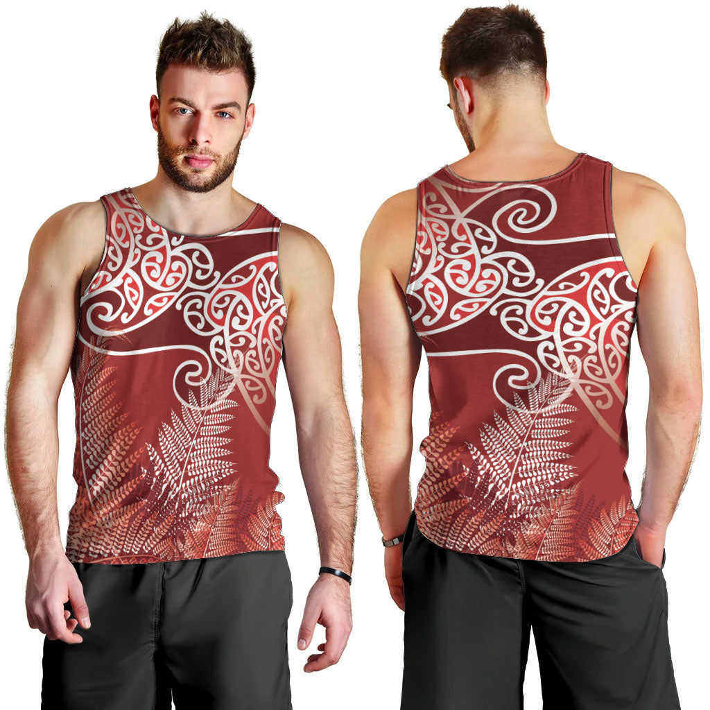 Aotearoa Maori Koru Curves Men Tank Top Silver Ferns - Crimson Red