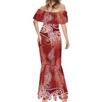 Aotearoa Maori Koru Curves Mermaid Dress Silver Ferns - Crimson Red