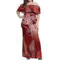 Aotearoa Maori Koru Curves Off Shoulder Maxi Dress Silver Ferns - Crimson Red