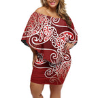 Aotearoa Maori Koru Curves Off Shoulder Short Dress Silver Ferns - Crimson Red