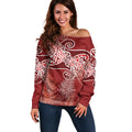 Aotearoa Maori Koru Curves Off Shoulder Sweater Silver Ferns - Crimson Red