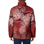Aotearoa Maori Koru Curves Padded Jacket Silver Ferns - Crimson Red