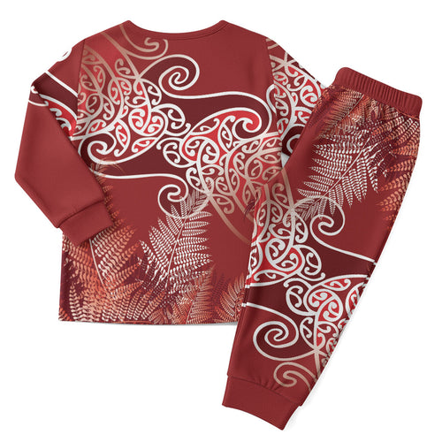 Aotearoa Maori Koru Curves Christmas Pajama Set Silver Ferns - Crimson Red