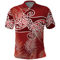 Aotearoa Maori Koru Curves Polo Shirt Silver Ferns - Crimson Red