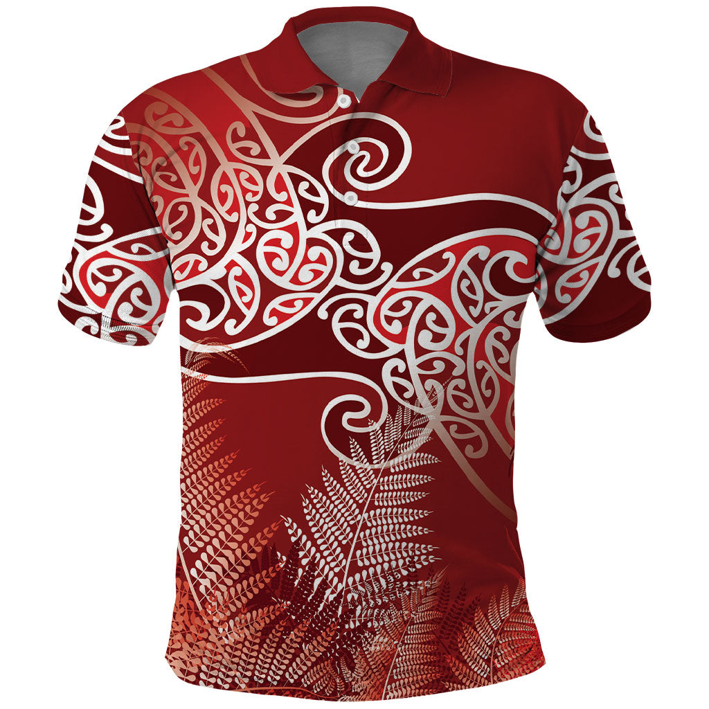 Aotearoa Maori Koru Curves Polo Shirt Silver Ferns - Crimson Red