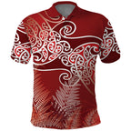 Aotearoa Maori Koru Curves Polo Shirt Silver Ferns - Crimson Red