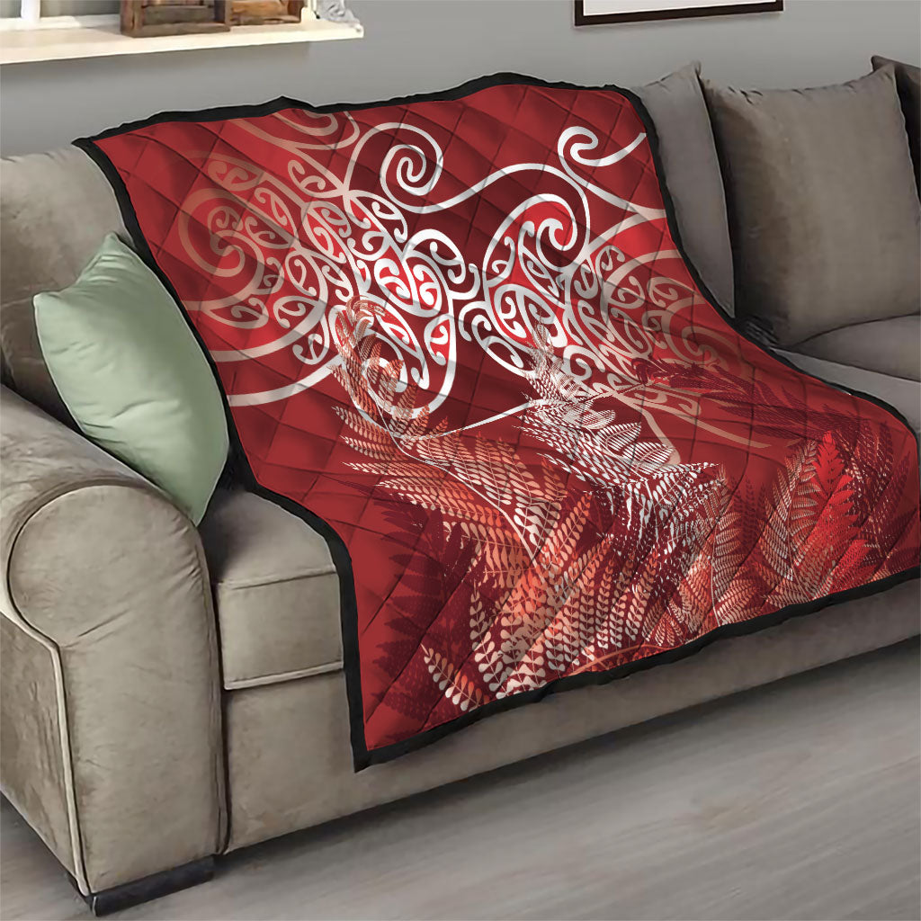 Aotearoa Maori Koru Curves Quilt Silver Ferns - Crimson Red