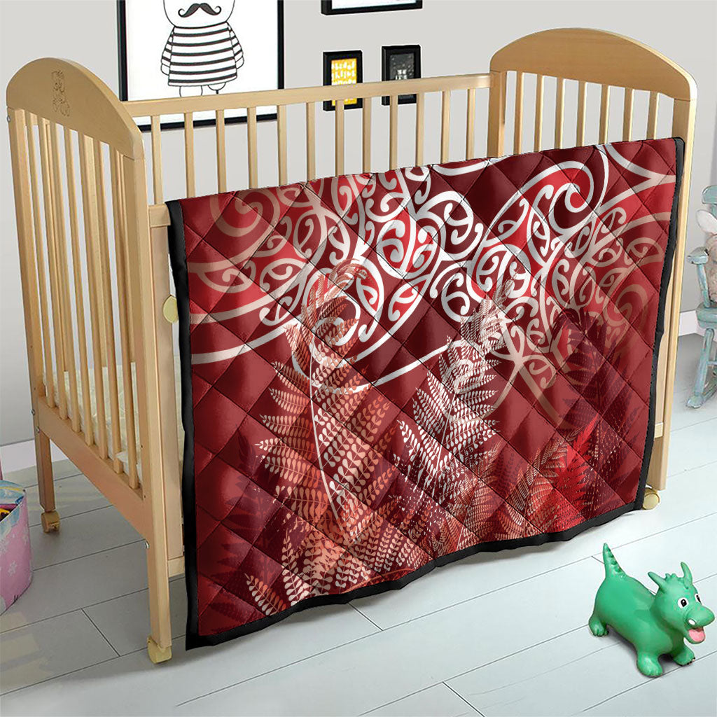 Aotearoa Maori Koru Curves Quilt Silver Ferns - Crimson Red