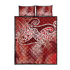Aotearoa Maori Koru Curves Quilt Bed Set Silver Ferns - Crimson Red