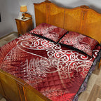 Aotearoa Maori Koru Curves Quilt Bed Set Silver Ferns - Crimson Red