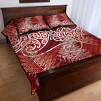 Aotearoa Maori Koru Curves Quilt Bed Set Silver Ferns - Crimson Red