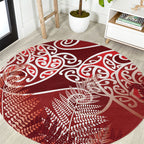 Aotearoa Maori Koru Curves Round Carpet Silver Ferns - Crimson Red