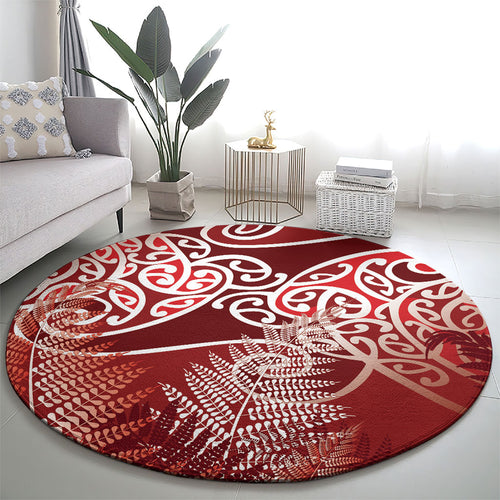Aotearoa Maori Koru Curves Round Carpet Silver Ferns - Crimson Red