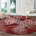 Aotearoa Maori Koru Curves Round Carpet Silver Ferns - Crimson Red