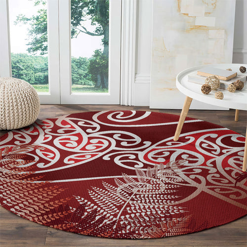Aotearoa Maori Koru Curves Round Carpet Silver Ferns - Crimson Red