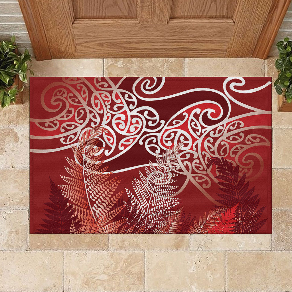 Aotearoa Maori Koru Curves Rubber Doormat Silver Ferns - Crimson Red