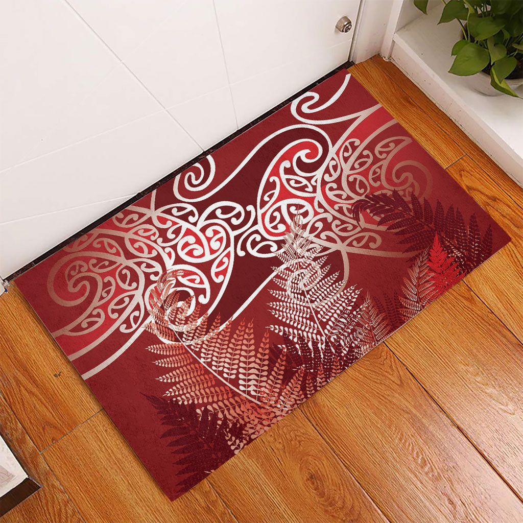 Aotearoa Maori Koru Curves Rubber Doormat Silver Ferns - Crimson Red