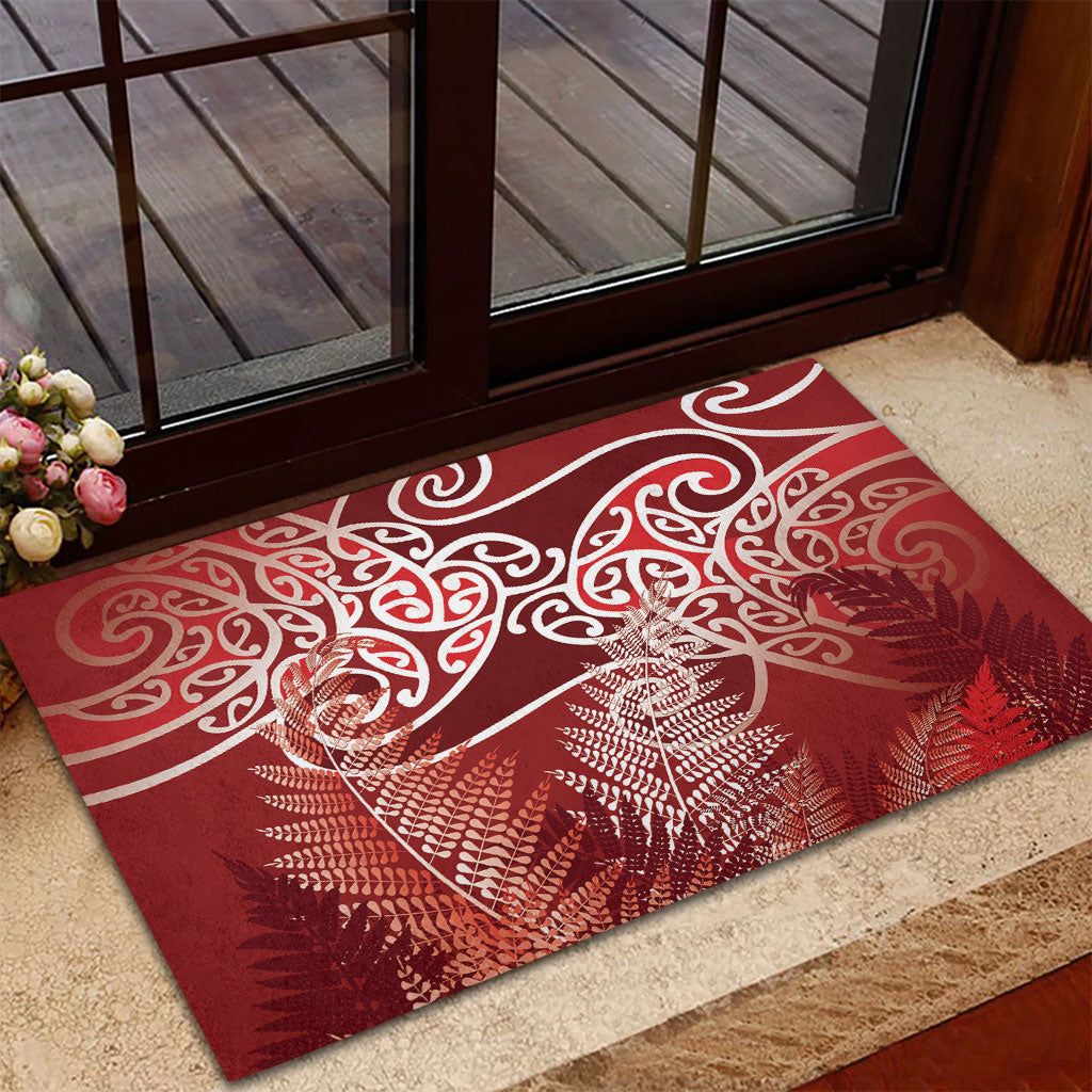 Aotearoa Maori Koru Curves Rubber Doormat Silver Ferns - Crimson Red
