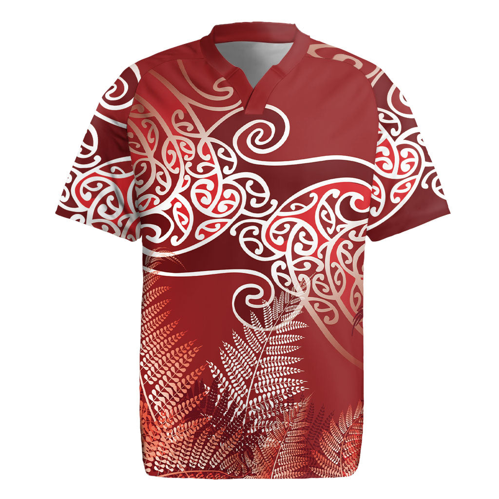 Aotearoa Maori Koru Curves Rugby Jersey Silver Ferns - Crimson Red